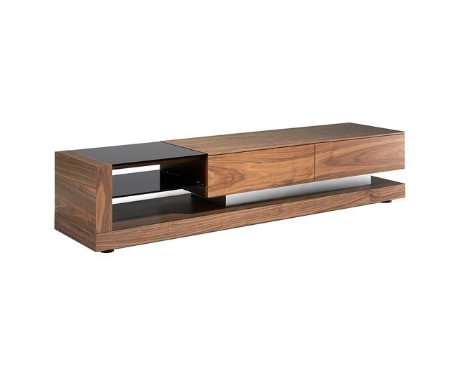 Mueble TV nogal, acero pulido y tapa de cristal negro Nogal