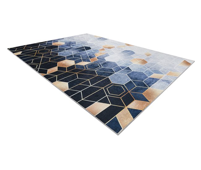 Alfombra lavable ANDRE 1216 Cubo Geométrico 80x150 Azul
