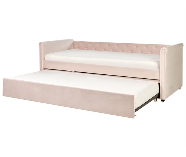 Beliani Cama con somier Terciopelo LIBOURNE 102x220 Rosa Talco