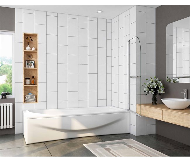 Mampara de Bañera Pivotante Simple 1 Hoja Vidrio Templado 5mm con Toallero 40cm,Altura 130cm Blanco/ Gris