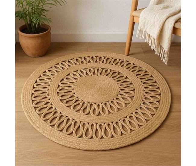 Alfombra redonda de yute trenzado - Diseño calado de 2 líneas Natural