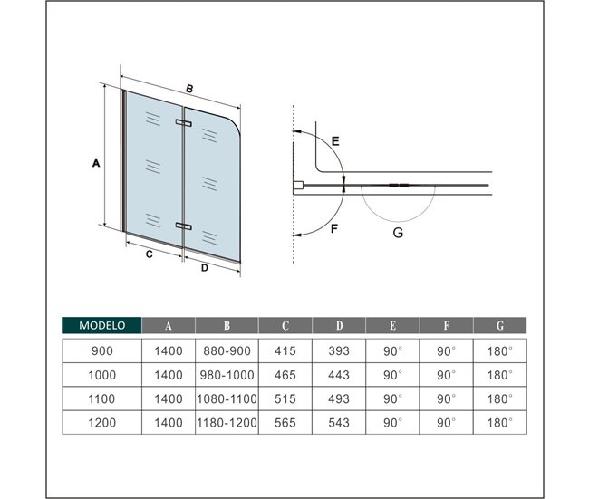 Mampara de Bañera Plegable,2 Hojas,Vidrio Templado 6mm Antical,Altura 140cm 