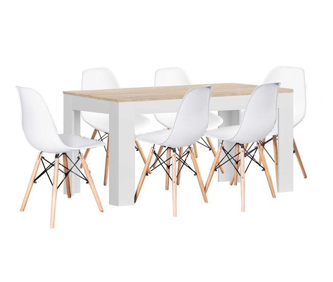 Mesa Extensible de Comedor o Cocina + 6 Sillas Estilo Nordico 178x80 Blanco