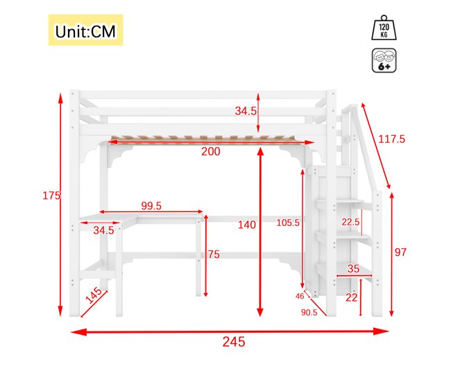 Cama alta para niños Blanco
