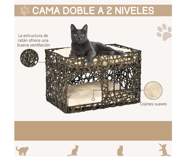 Cesta de Ratán para Gatos Metal, Ratán PE y Algodón PP PawHut Marron