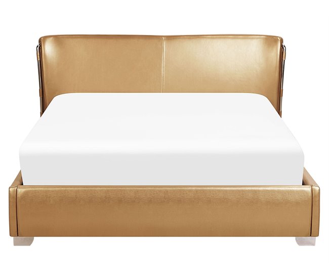 Beliani Cama LED Piel PARIS 195x228 Dorado