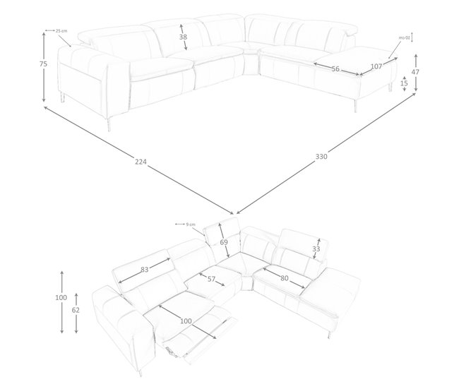 ANGEL CERDA Sofá chaise longue relax derecha piel gris Gris