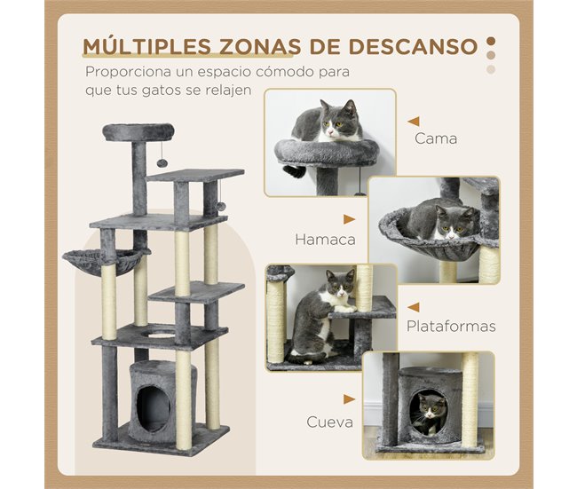 Árbol para Gatos Aglomerado de Madera, Poliéster, Sisal PawHut Gris