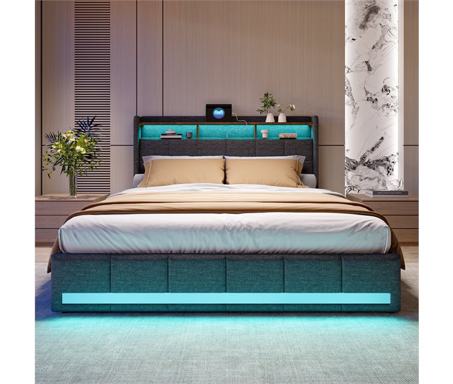 Cama tapizada, luces LED, puertos USB, puerto Tipo C, 4 cajones Gris