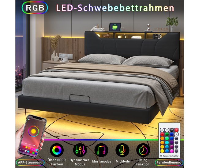 Cama doble hidráulica LED con USB y almacenamiento Gris