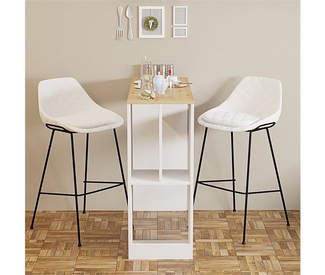 Mesa de cocina alta fija con estantes CLARA Blanco/ Madera