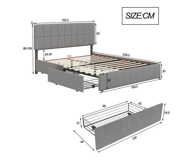 Cama, 4 cajones, cama doble, cama para adolescentes 164x209 Gris