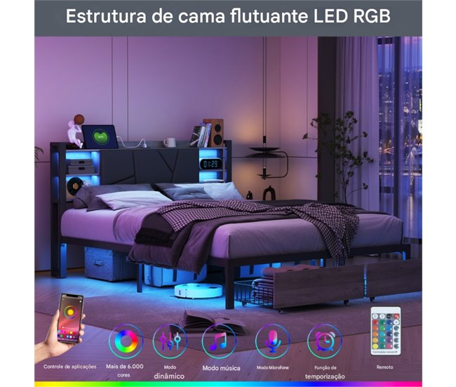 cama, led, usb, cama para adolescentes, cama doble, cajones 140x214 Negro