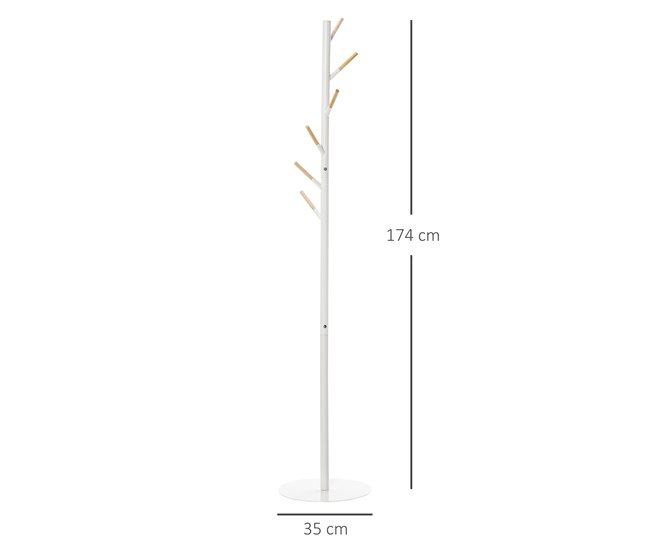 Perchero de Pie Metal, Madera Maciza HOMCOM Blanco