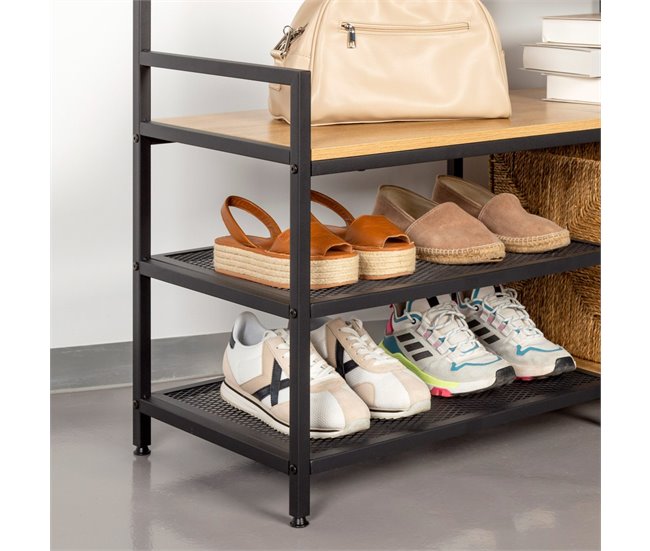 Max Home Perchero zapatero entrada madera y acero 4 estantes Negro/ Madera