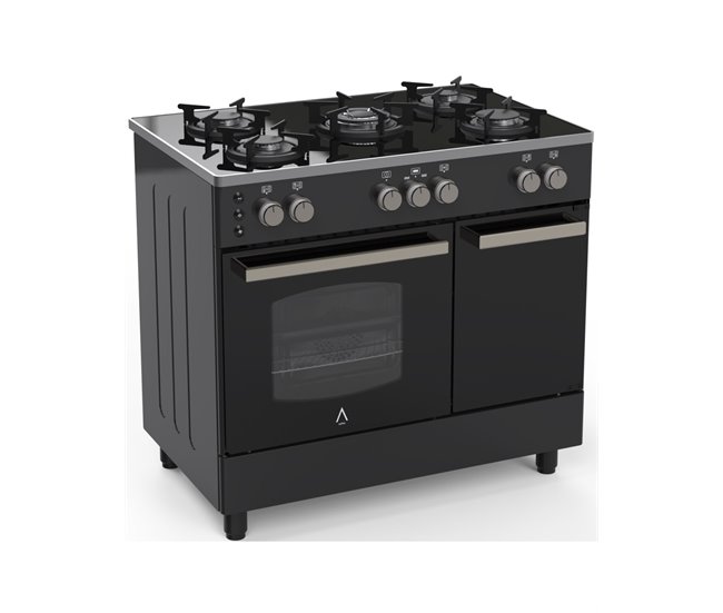 ALPHA Cocina de Gas VULCANO ELITE PRO-90PB Portabombonas Cristal Negro, Wok, Ventilador y Temporizador. *Alta Gama** Negro
