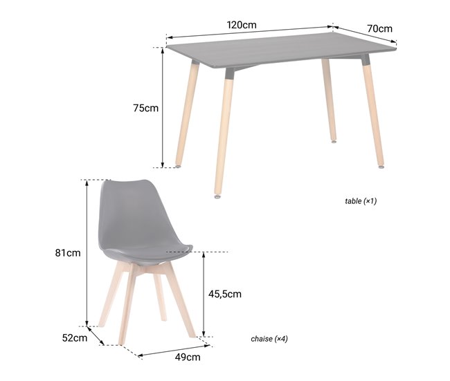 Conjunto de mesa rectangular PIA y 4 sillas NORA Blanco