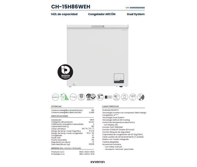 Arcón Congelador Infiniton CH-15H86WEH, 142 l, Ciclico, Inverter, E Blanco