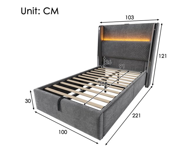 Cama con almacenaje de lino Gris