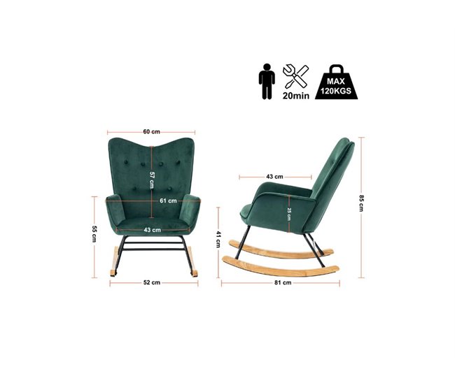 Mecedora escandinava de terciopelo con patas de madera clara Verde