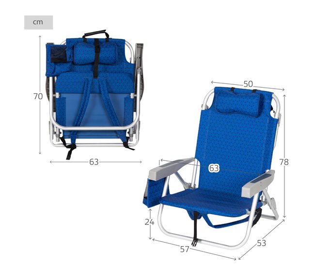 Aktive Silla de playa XXL plegable y reclinable 5 posiciones c/nevera y mochila Azul