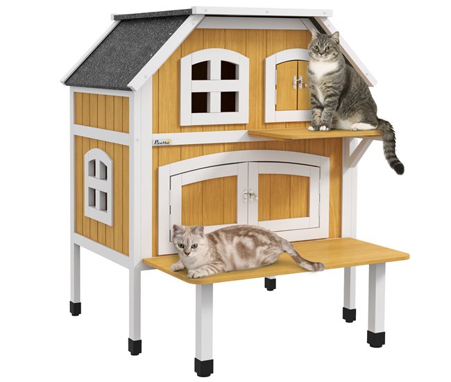 Caseta para Gatos Madera de Abeto PawHut Amarillo