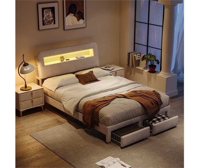 Cama con luces LED, puertos USB, puerto Tipo-C y cajones Beige