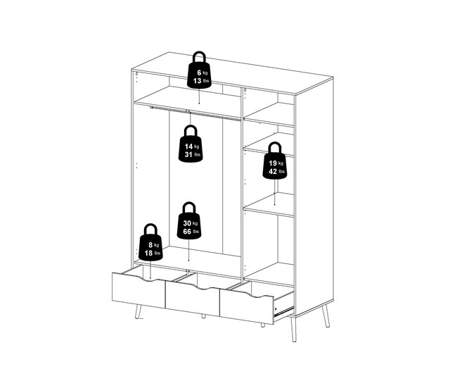 Armario DELTA puertas batientes y 3 cajones 147x200cm blanco Blanco