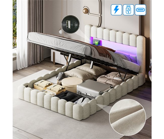 Cama, cama hidráulica, USB, iluminación LED, cama doble 193x220 Beige