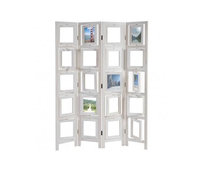 Biombo de madera de 4 paneles con portafotos Blanco