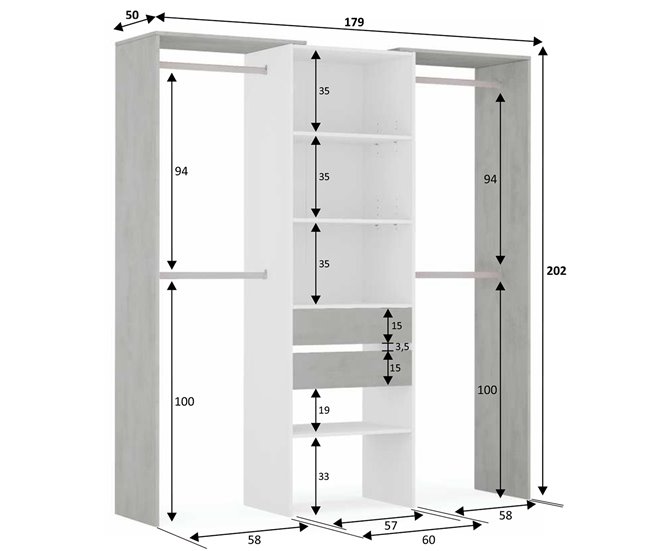 Armario vestidor Mayo 2 cajones, blanco y gris, 179 cm Ancho Blanco/ Gris