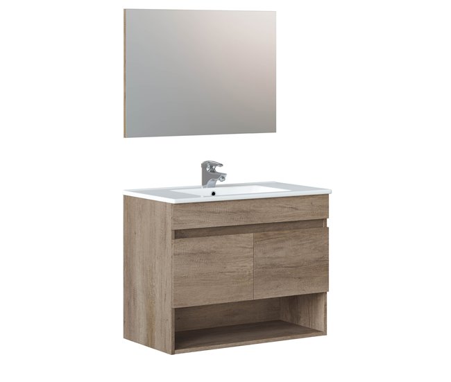 Mueble baño suspendido Clara 2 puertas, espejo y lavabo PMMA, Nordik Madera