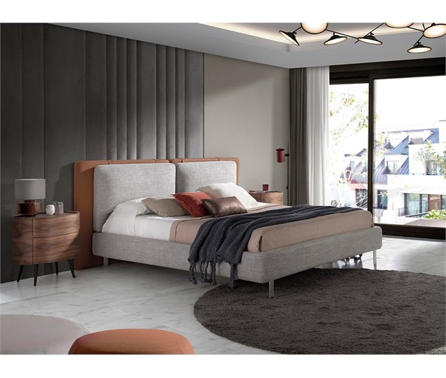 Cama tapizada en tela y polipiel Gris