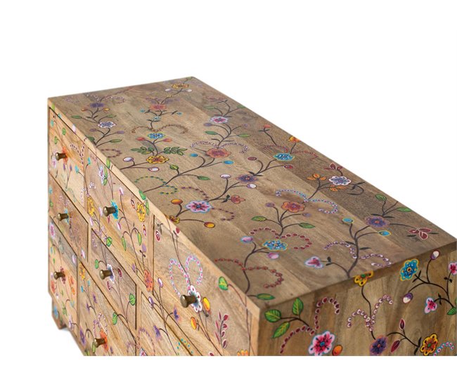 Cómoda con 10 cajones tallada a mano en madera de mango Marron