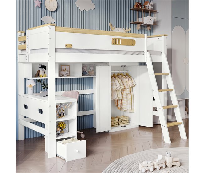 Cama alta infantil de madera de pino Natural/ Blanco