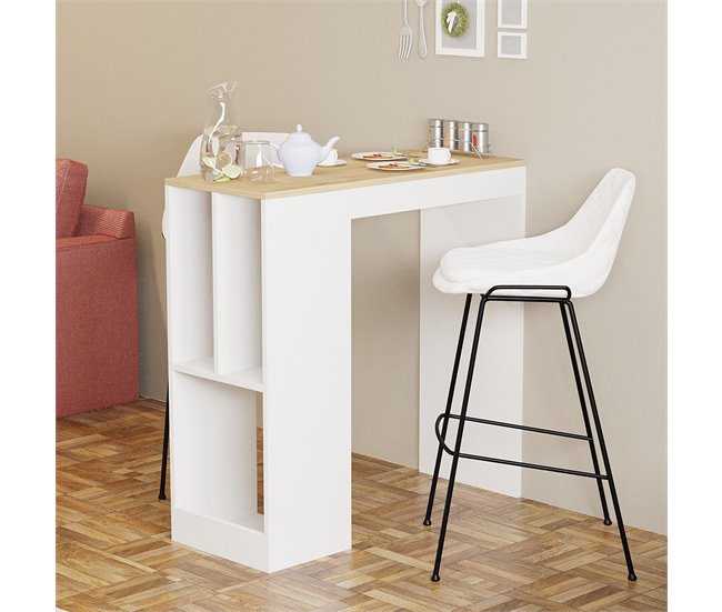Mesa de cocina alta fija con estantes CLARA Blanco/ Madera