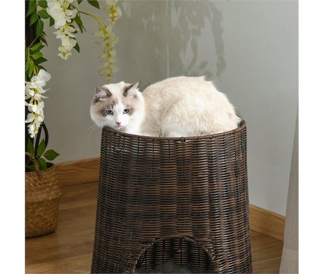 Cesta de Mimbre para Gatos Ratán PE, Metal y Poliéster PawHut Marron