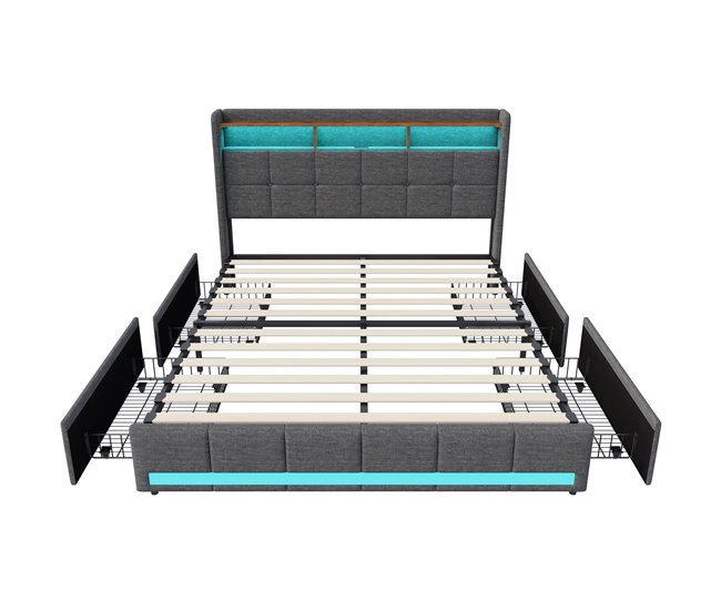 Cama tapizada, LED, USB, Tipo C, 4 cajones Gris