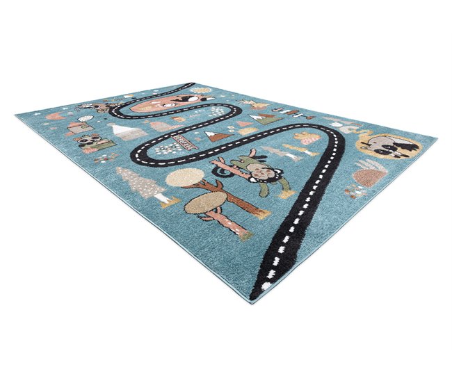 Alfombra FUN Route para niños calle animales 140x190 Azul
