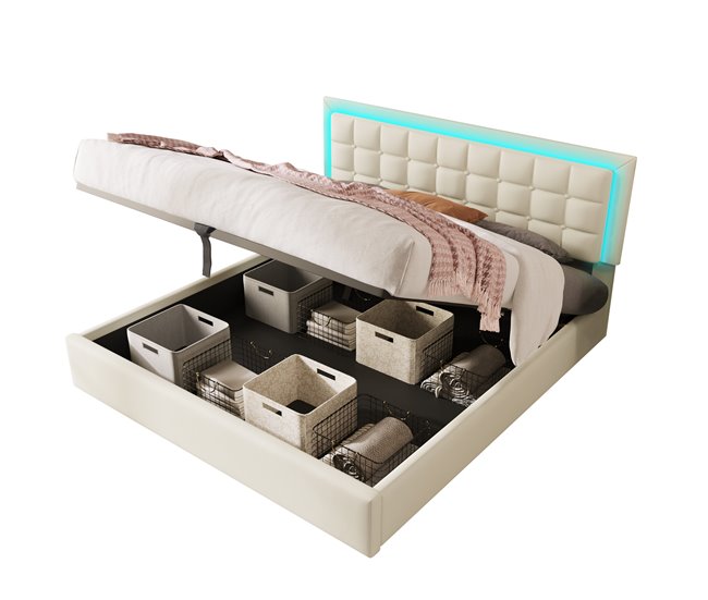 Cama de matrimonio de pu con almacenaje 145x203 Blanco