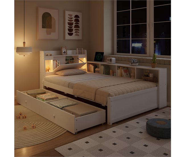 Cama juvenile de madera de pino con 2 cajónes 113x220 Blanco