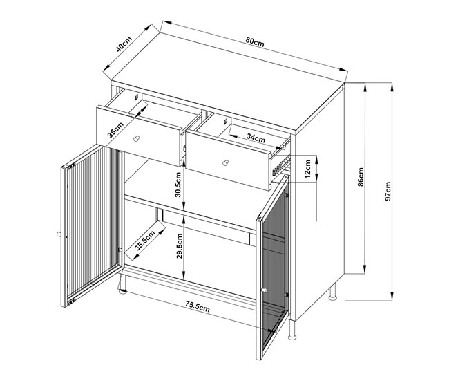 Aparador Lindau con 2 cajones puerta de cristal [en.casa] Crema
