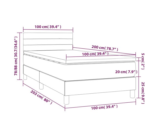 Cama box spring con colchón tela - Rayas horizontales 100x200 Azul