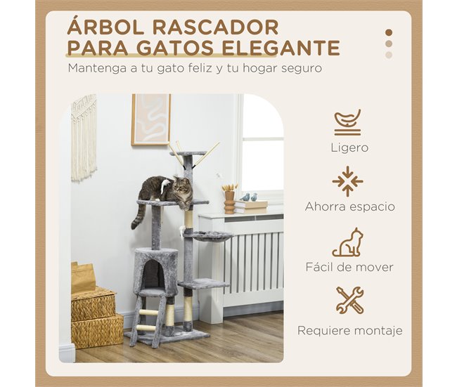 Árbol para Gatos Aglomerado de Madera, Sisal PawHut Gris