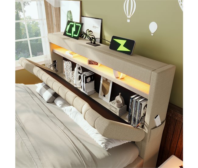 Cama de matrimonio de lino con almacenaje 142x218 Beige