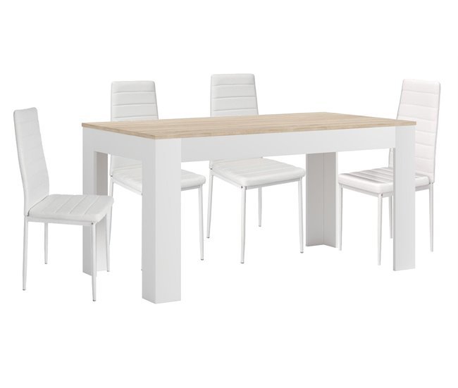 Mesa Extensible de Comedor o Cocina + 4 Sillas en Polipiel/metal Blanco/ Madera