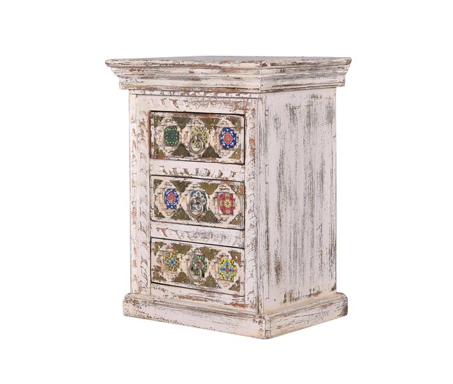 Conforama Mesita en madera de mango detalles en cerámica y bronce Blanco.Giner y Colomer 60x35x45