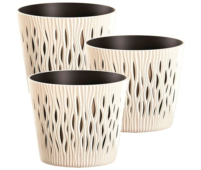 3x Maceta redonda de plastico Sandy Round Crema