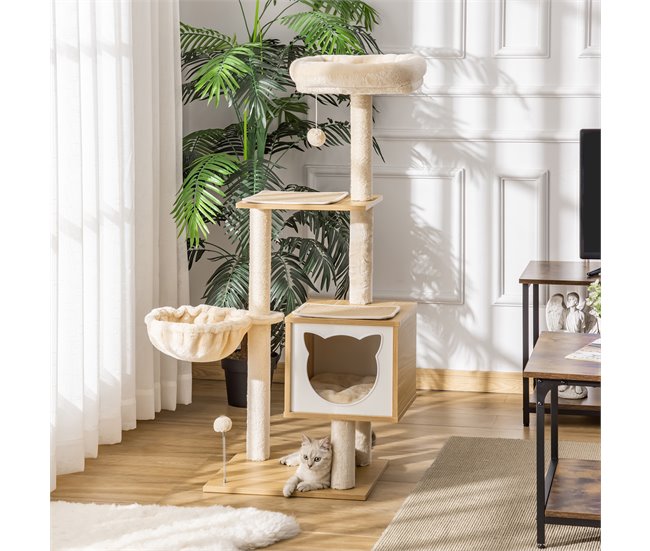 Árbol para Gatos Aglomerado de Madera, Felpa, Sisal PawHut Beige