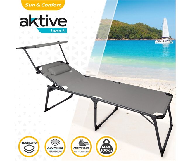 Tumbona plegable con parasol y cojín Aktive Gris